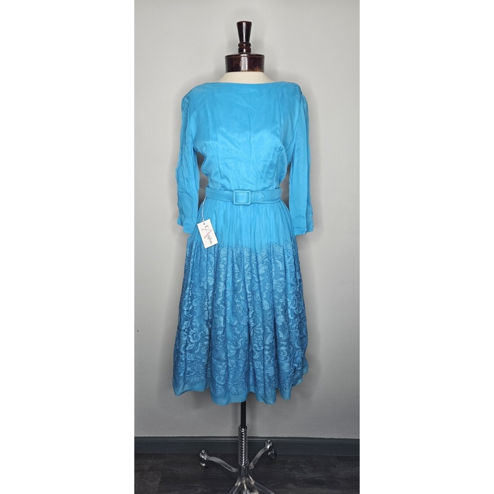 Vintage NWT 1950s 1960s L'Aiglon Blue Chiffon Lace Dress Size 14
